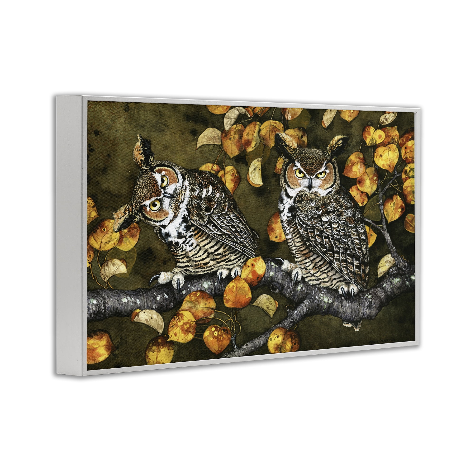 Stupell Industries Inquisitor Owls Autumn Branch Animals & Insects Painting White Framed Art Print Wall Art, 18 x 12