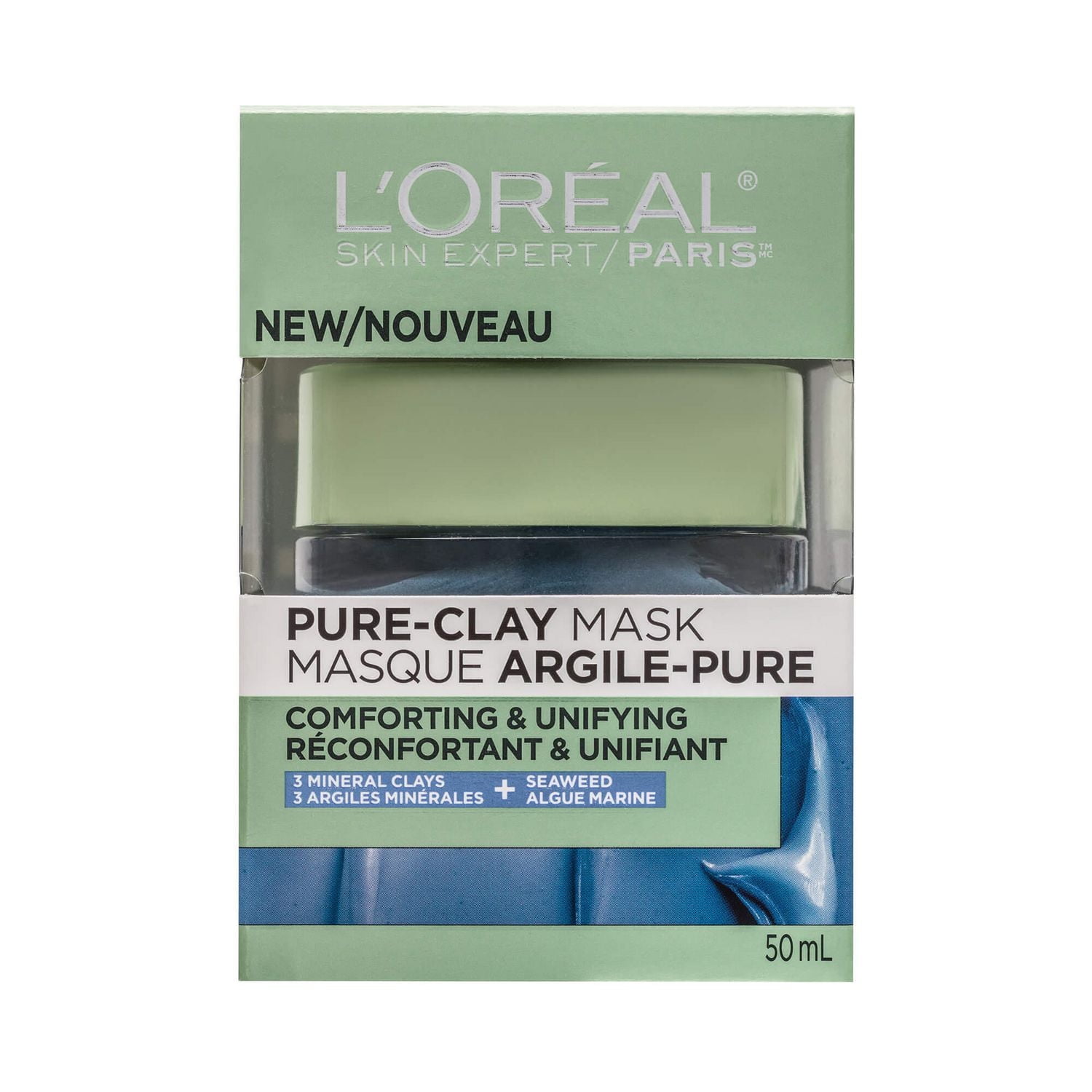 L'Oréal Paris Pure-Clay Masque nettoyant avec 3 Argiles Minérales + de L'Extrait D'Algue Marine pour Peau Sensible, 50 ml