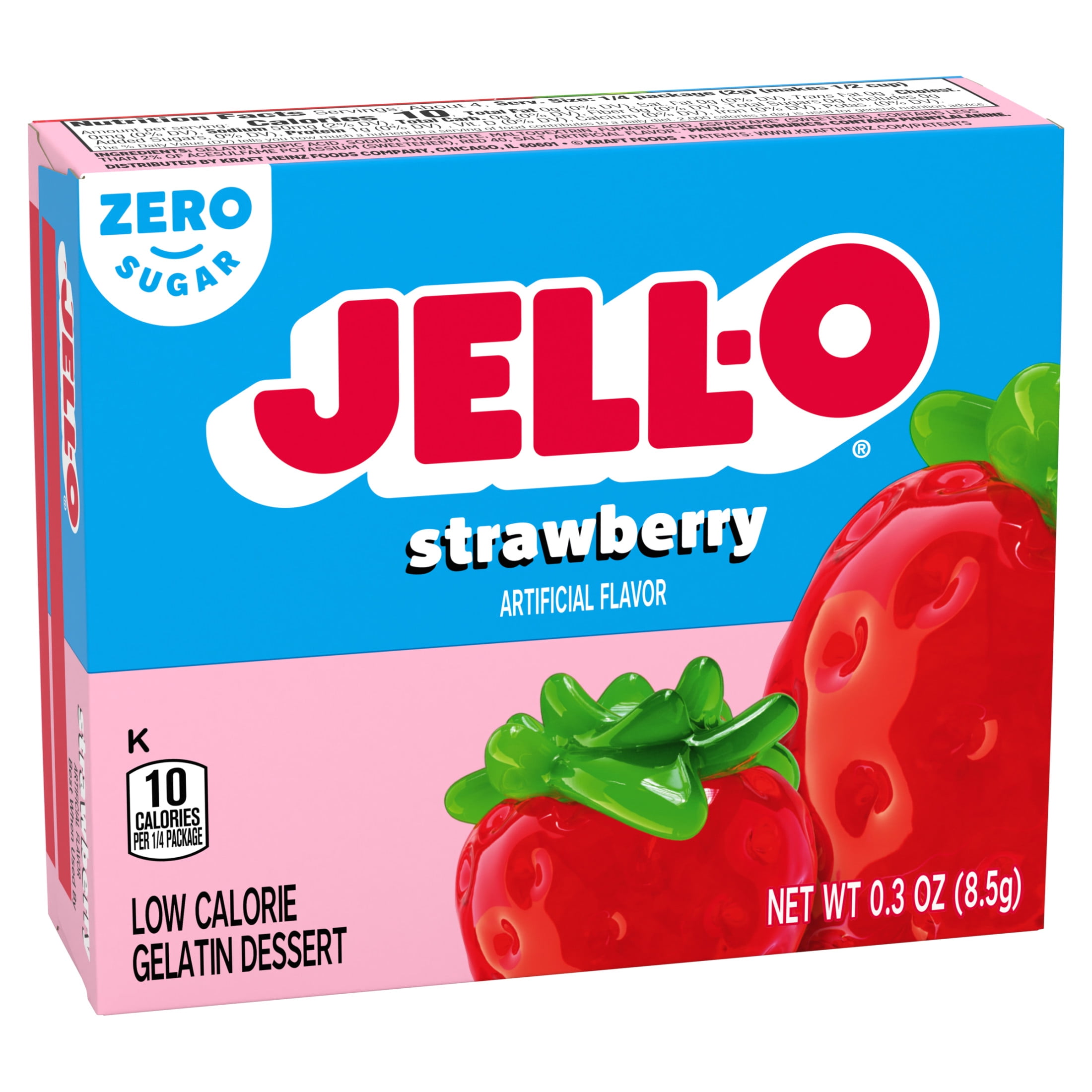 Jell-O Strawberry Zero Sugar Low Calorie Gelatin Dessert Mix, 0.3 oz Box