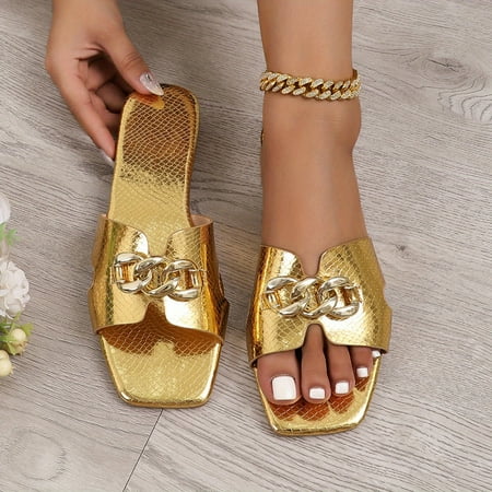 

Women s Metallic Chain Decor Sandals Slip On Solid Color Square Toe Non-slip Slides Shoes Summer Casual Beach Shoes