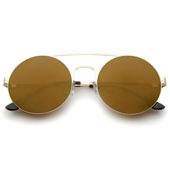 Lunettes de Soleil Rondes à Lentilles Plates avec Miroir Coloré Cadre Mince Double Pont Nasal 53mm (Miroir Or/marron)