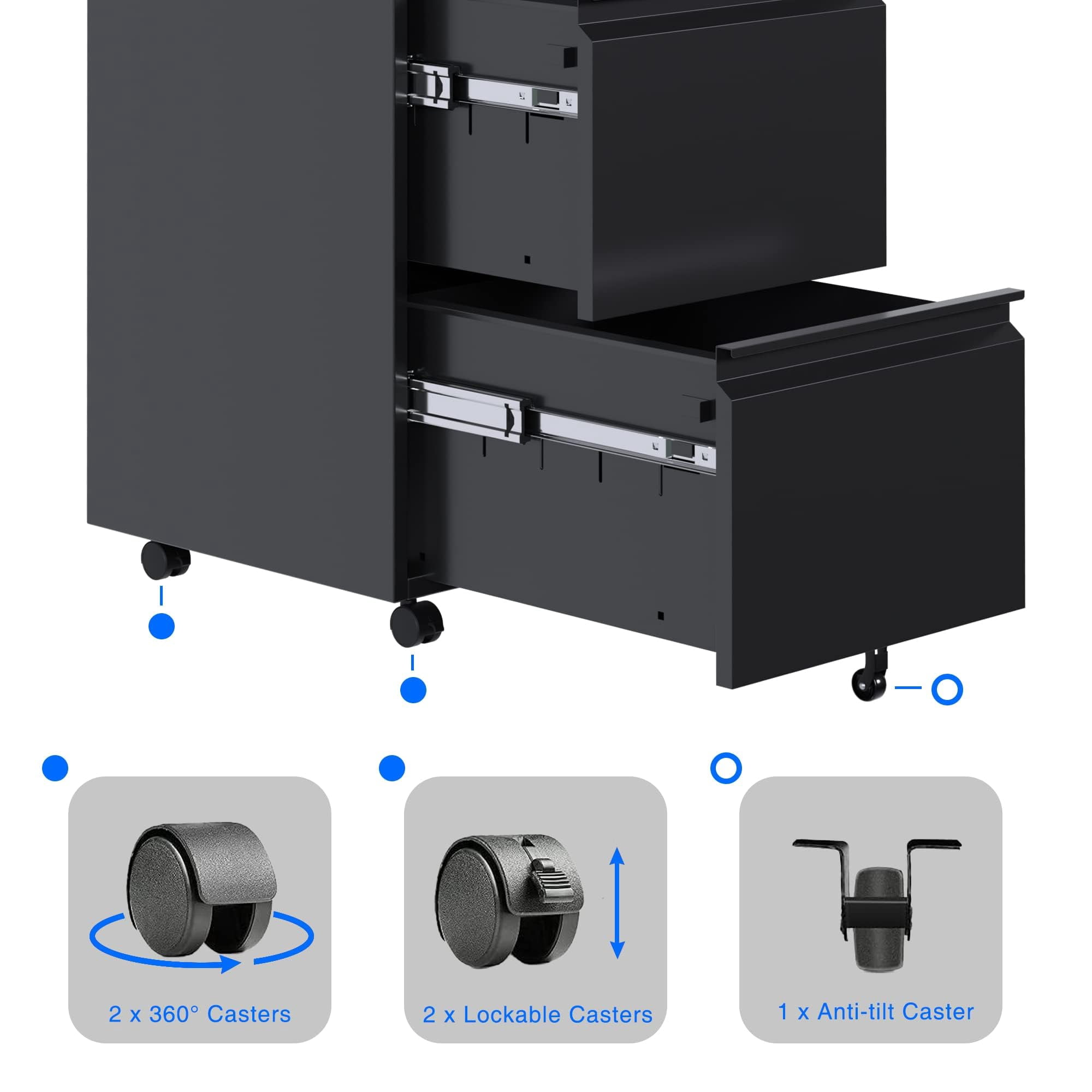 Gaeanet 2 Drawer File Cabinet, Lockable Metal Filing Cabinet with Wheels for Home Office, Legal/Letter Size, Black,Fully Assembled Except Wheels