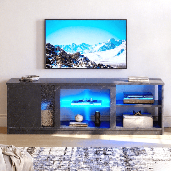 Pinmoco TV Stand for TVs up to 70", LED Entertainment Center with Bookshelves & Cabinet, Black Marble