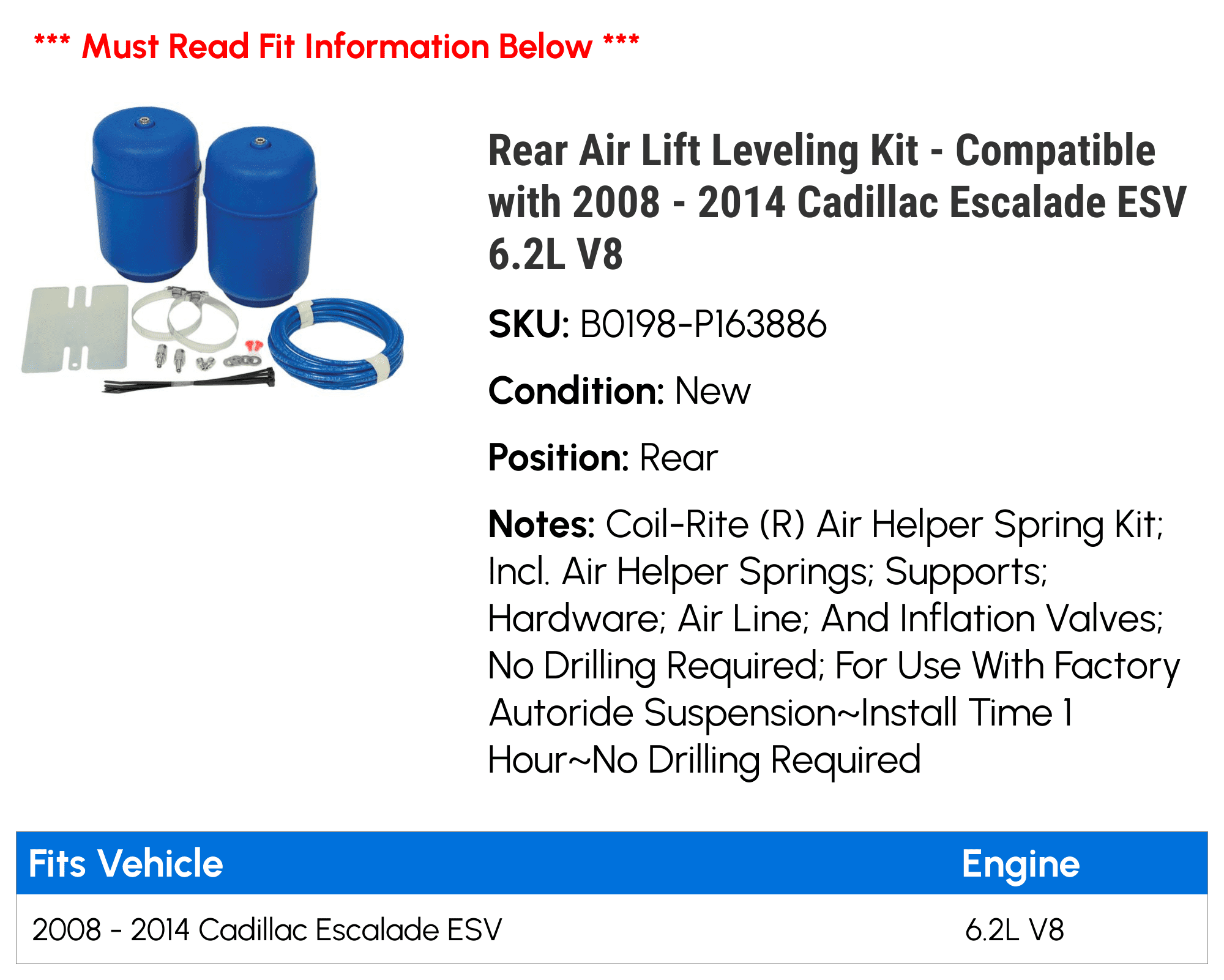 Rear Air Lift Leveling Kit - Compatible with 2008 - 2014 Cadillac Escalade ESV 6.2L V8 2009 2010 2011 2012 2013