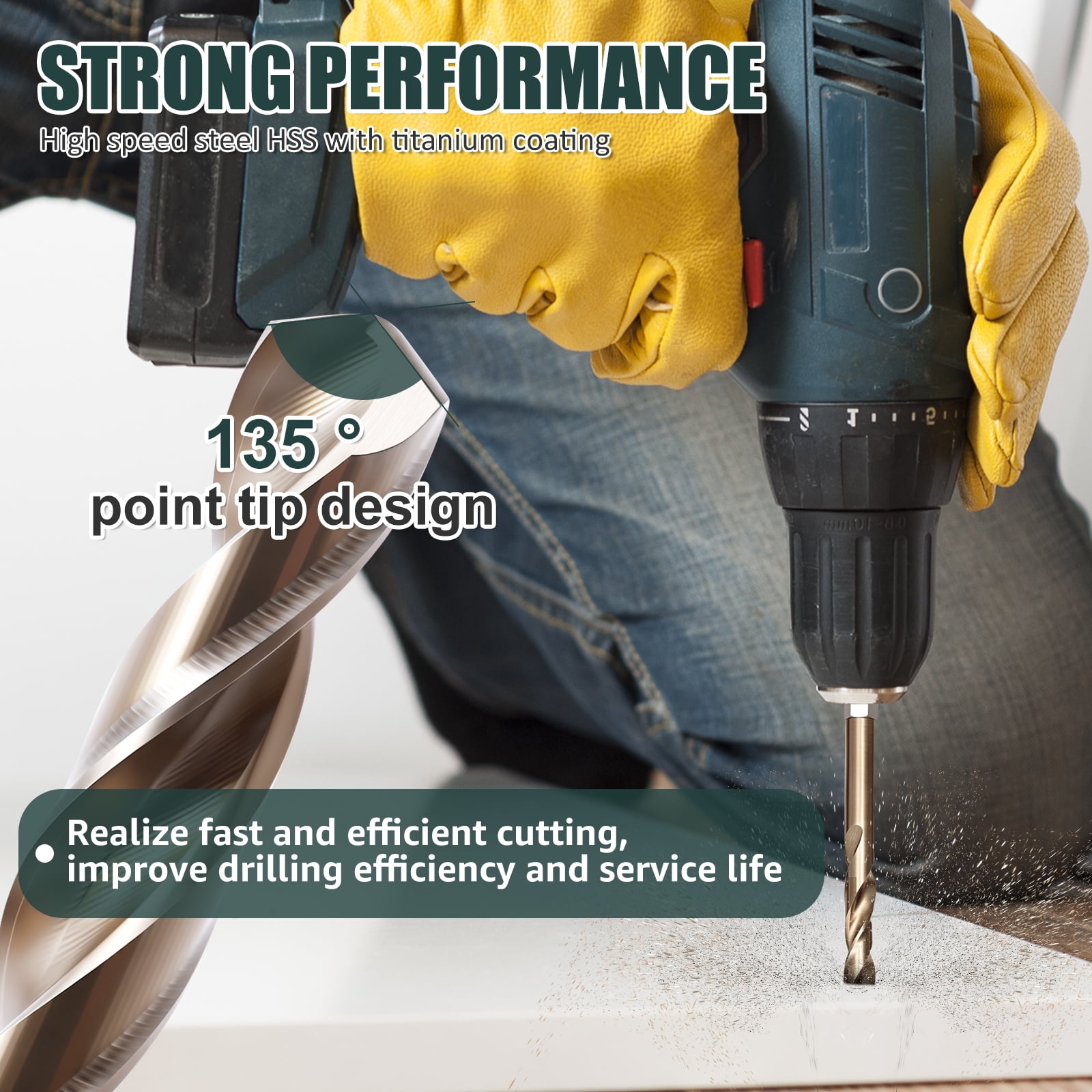 13PCS Titanium High Speed Steel Drill Bit Set, 1/4" Hex Shank Twist Drill Bits for Impact Driver, 1/16" to 1/4" Jobber Length Bit Set for Wood, Plastic, Aluminum, Copper and Stainless Steel