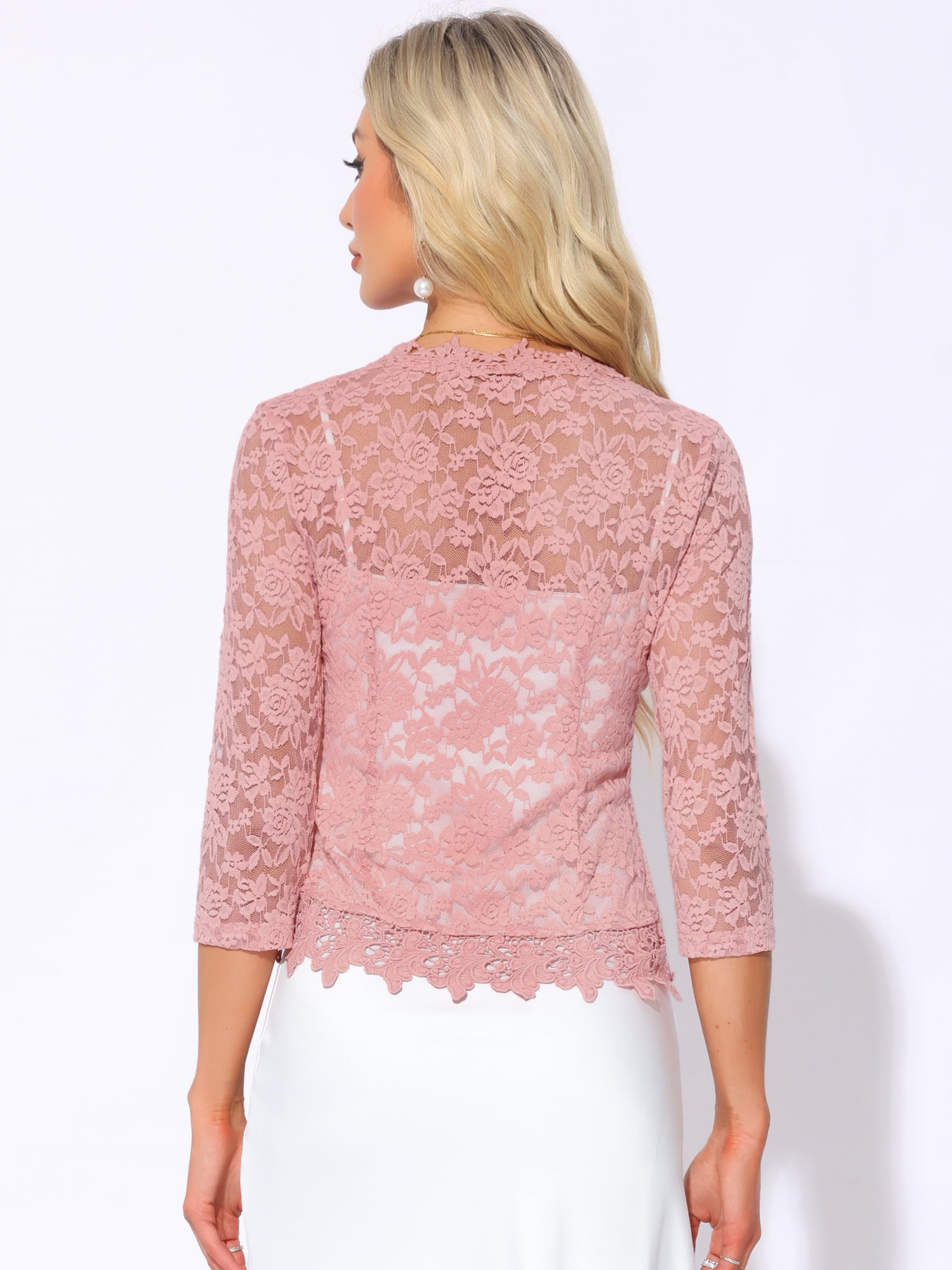 DARING DIVA Women's Floral Lace Shrugs Evening 3/4 Sleeves Formal Bolero Cardigan XS Pink