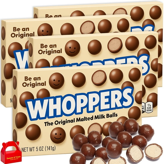 Whoppers Malted Milk Chocolate Balls Candy 4 Theater Boxes Snack for Road Trips, Movie Night, Party Game Day School Treat - 20 oz Total