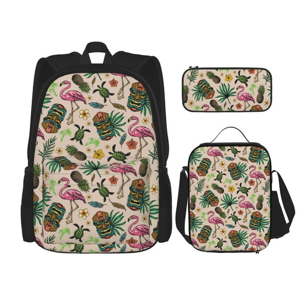 Disketp Tropical Mask Flamingo Mochila Estampada de Gran Capacidad con Lonchera y Estuche, Set de 3 Piezas para Estudiantes