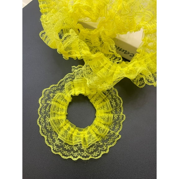 NAMZI 50 Yards 1.77 Inch Vintage Pleated Net Lace Trim, Gathered Mesh Ribbon with Embroidered Edge Ideal for Wedding Bridal Dresses & DIY Crafts, Yellow