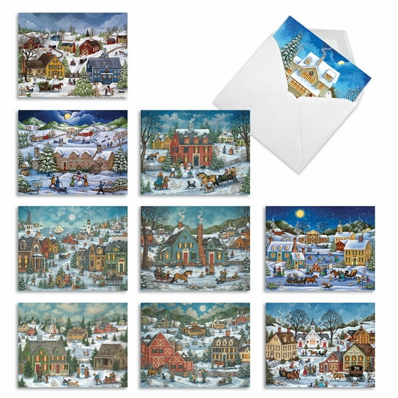 10 Merry Christmas Note Cards Assorted (4 x 5.12 Inch) - Old Town Christmas M5080XSG-B1x10