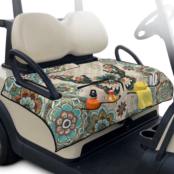 Yuyamidu Butterfly Golf Cart Seat Covers for 2-Person Seats, Boho Flowers Golf Cart Seat Covers Soft Golf Cart Seat Towel Blanket with 4 Front Pockets for All Season