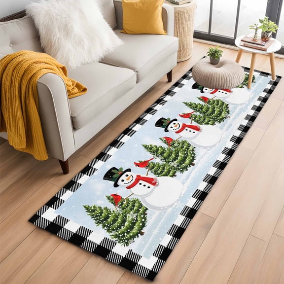 Christmas Snowman Kitchen Runner Rug 2x6 Washable Runners for Hallway Non Slip Winter Cardinal Xmas Tree Black Plaid Large Area Rug Indoor Floor Carpet for Bathroom Laundry Entryway Bedroom