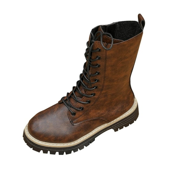 KEGIRLOM Women's Round Toe Zipper Lace-Up Thick-Soled Large Size Fall And Winter Style Height-Enhancing Thick-Heeled Short Boots Brown 6