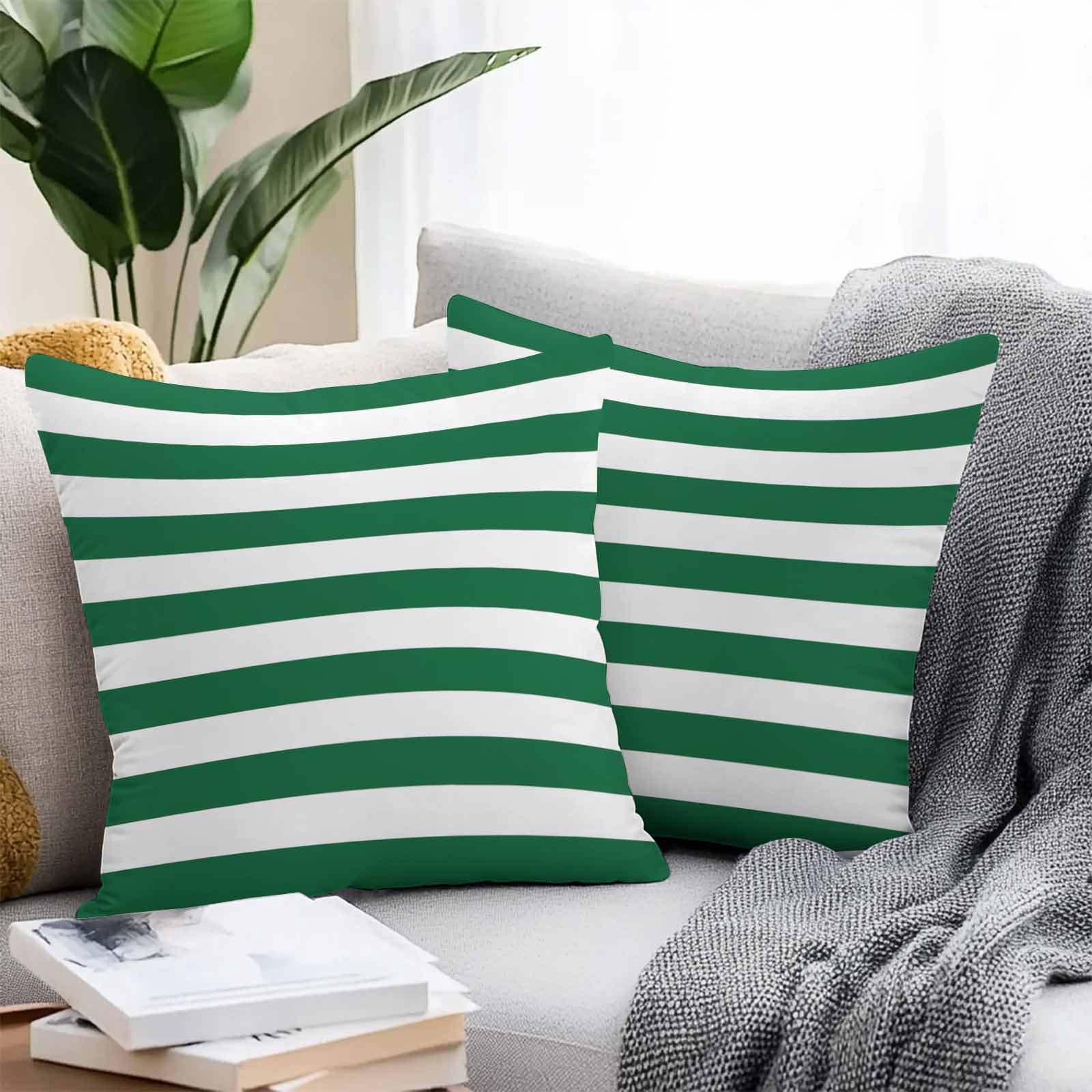 Outdoor Waterproof Throw Pillow Covers Set of 2 Merry Christmas Decorative Pillowcases Square Outdoor Pillows Cushion Case 18x18 Inch Green And White Stripes Patio Pillows for Couch Sofa Bed Garden