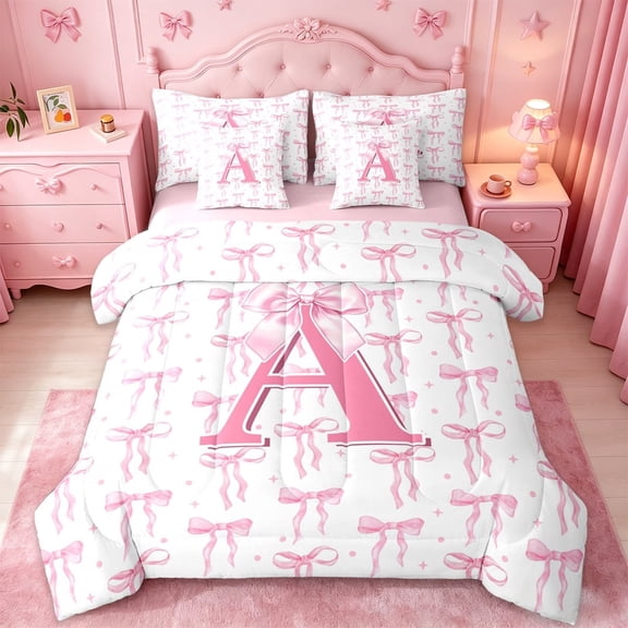 meiyoeat Pink Bow 7-Piece Twin Bedding Sets For Girls,Coquette Bowtie Monogrammed A Print Bedding Comforter Set For Kids,pink Reversible