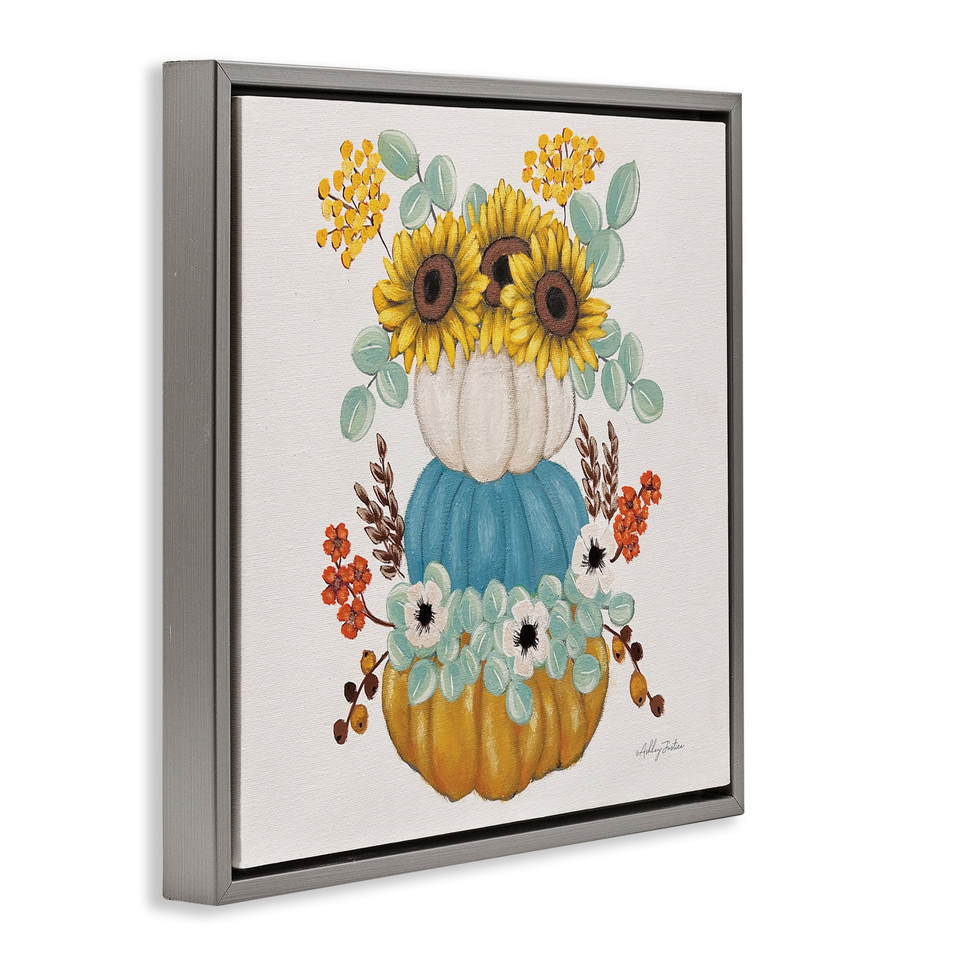 Stupell Industries Seasonal Flower & Pumpkins Botanical & Floral Painting Gray Floater Framed Canvas Art Print Wall Art, 25 x 25