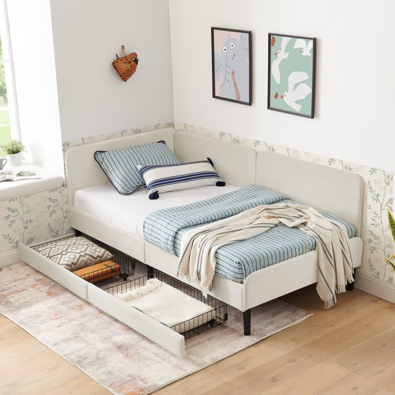 JUYG Twin Upholstered Platform Bed with 2 Drawers, Beige
