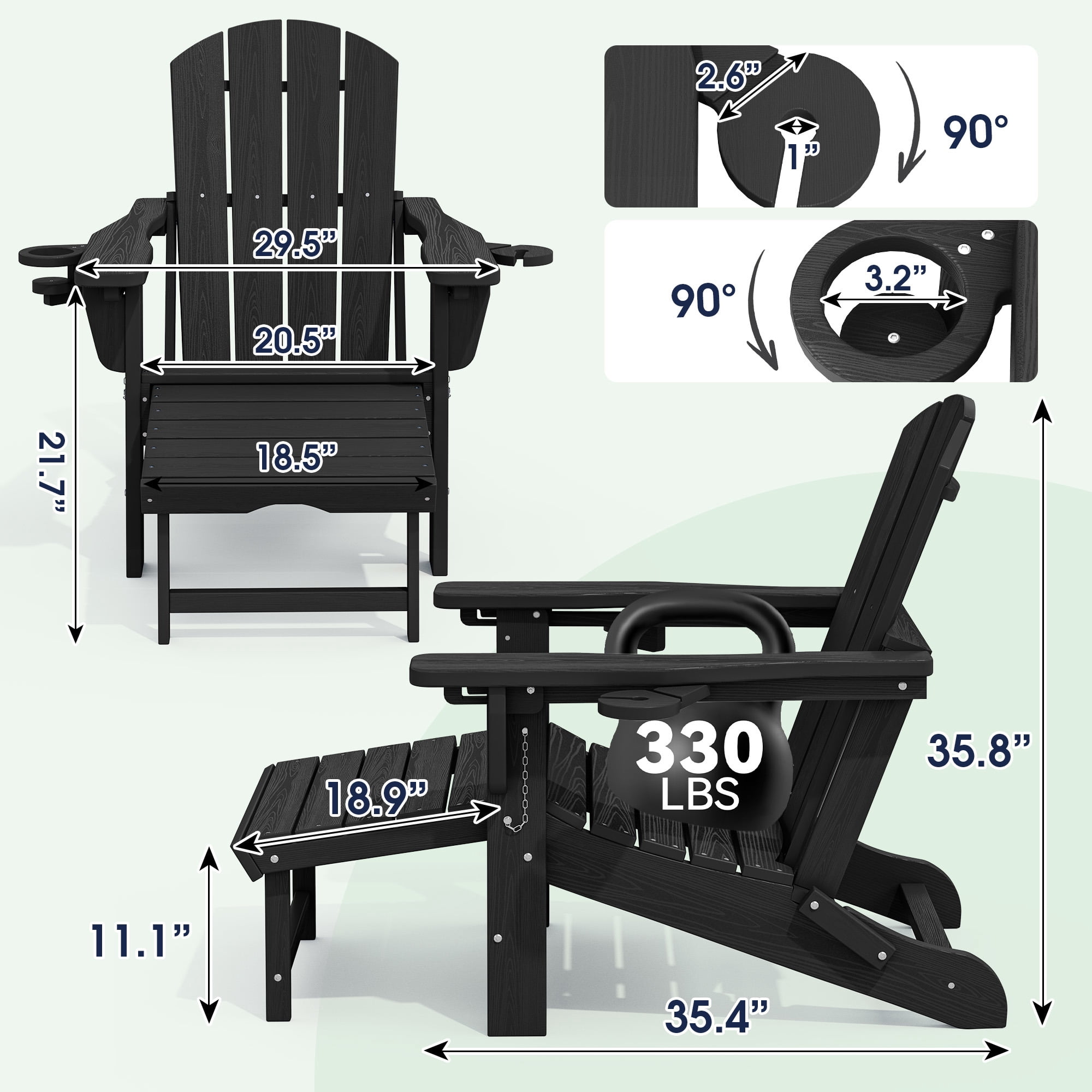 SERWALL Adjustable Folding Adirondack Chair with Footrest & Dual Cup Holders Set of 4, HDPE Foldable Multifunctional Adirondack Chair with Ottoman for Patio, Outdoor, Garden, Black
