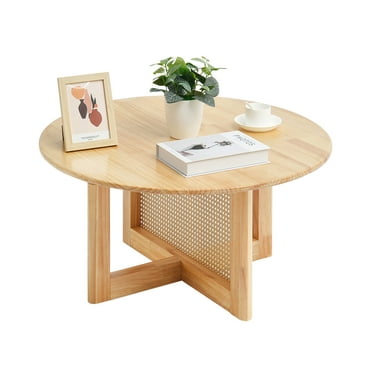 KFFKFF Wicker Coffee Table, Circular Rattan Weaved Wood Table with Rubber Wood Surface, 33 in Contemporary Bohemian Round Storage Table with Organic Wood Stands, Suitable for Lounge