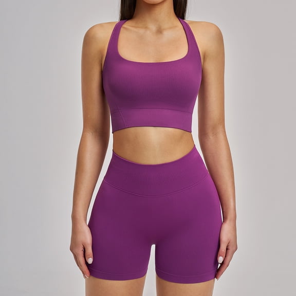 Top-kevin Women 2 Piece Workout Sets High Waisted Tummy Control Biker Shorts Halter Padded Tank Tops