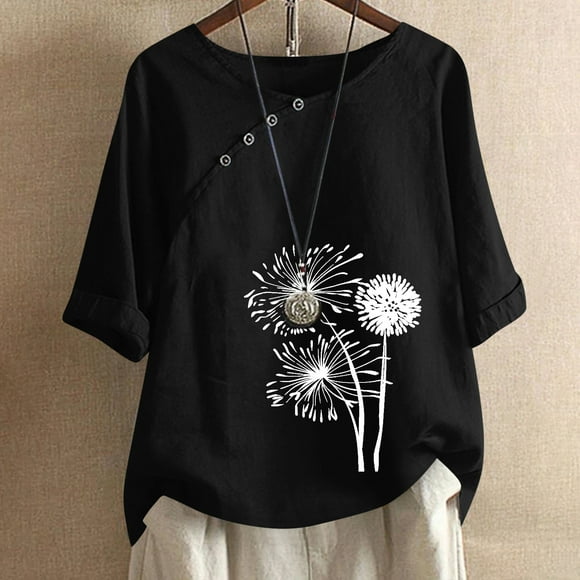 Baikeli Free with Promo Codes Women's 3/4 Length Sleeve Tops 2024 Summer Daily Pullover Casual Dandelion Print T-Shirts Loose V Neck Blouses 3/4 Sleeve Shirts for Women