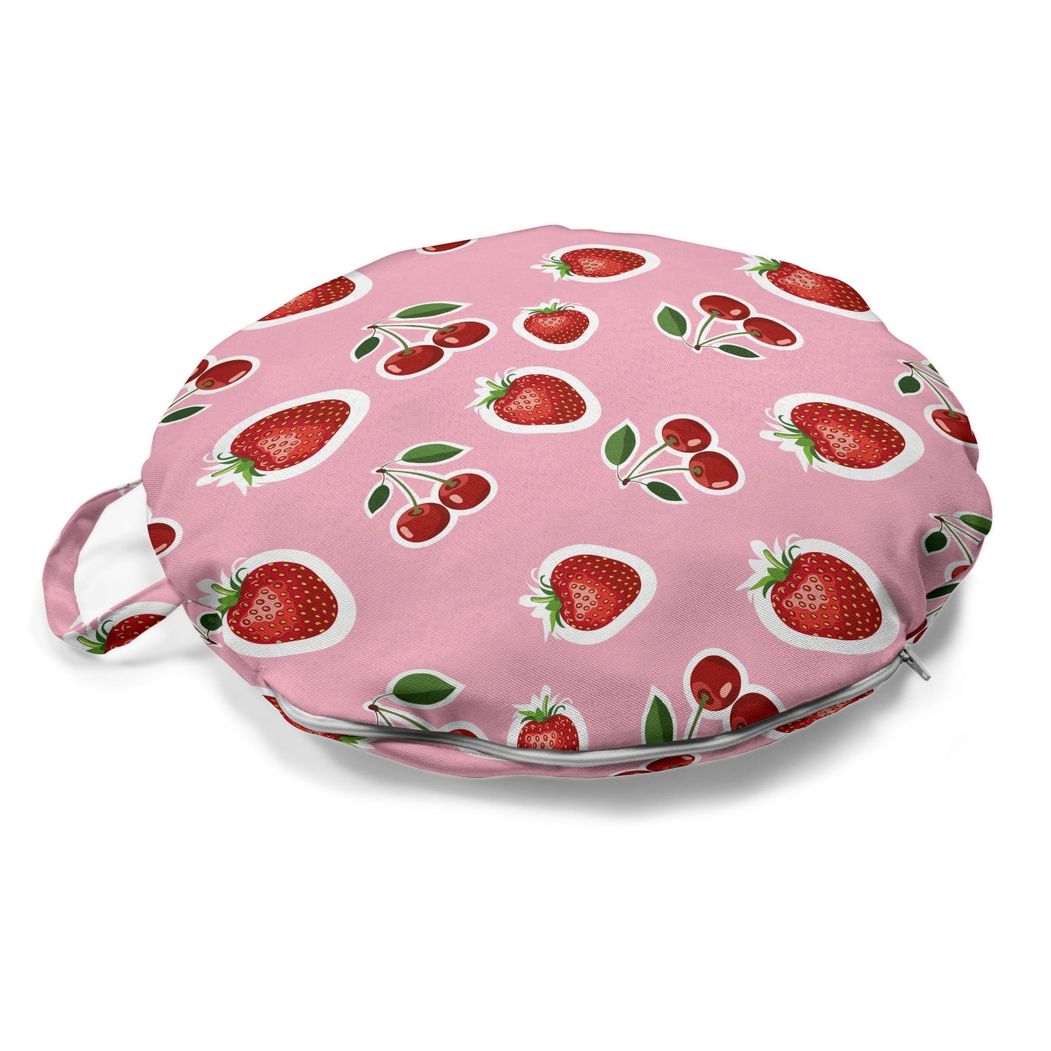 Continuous Cartoon Style Simplistic Summer Time Organic Fruits 18 Round Rose Dark Pink and Green Decorative Pillow for Living Room & Dorms Ambesonne Strawberry Round Floor Cushion with Handle
