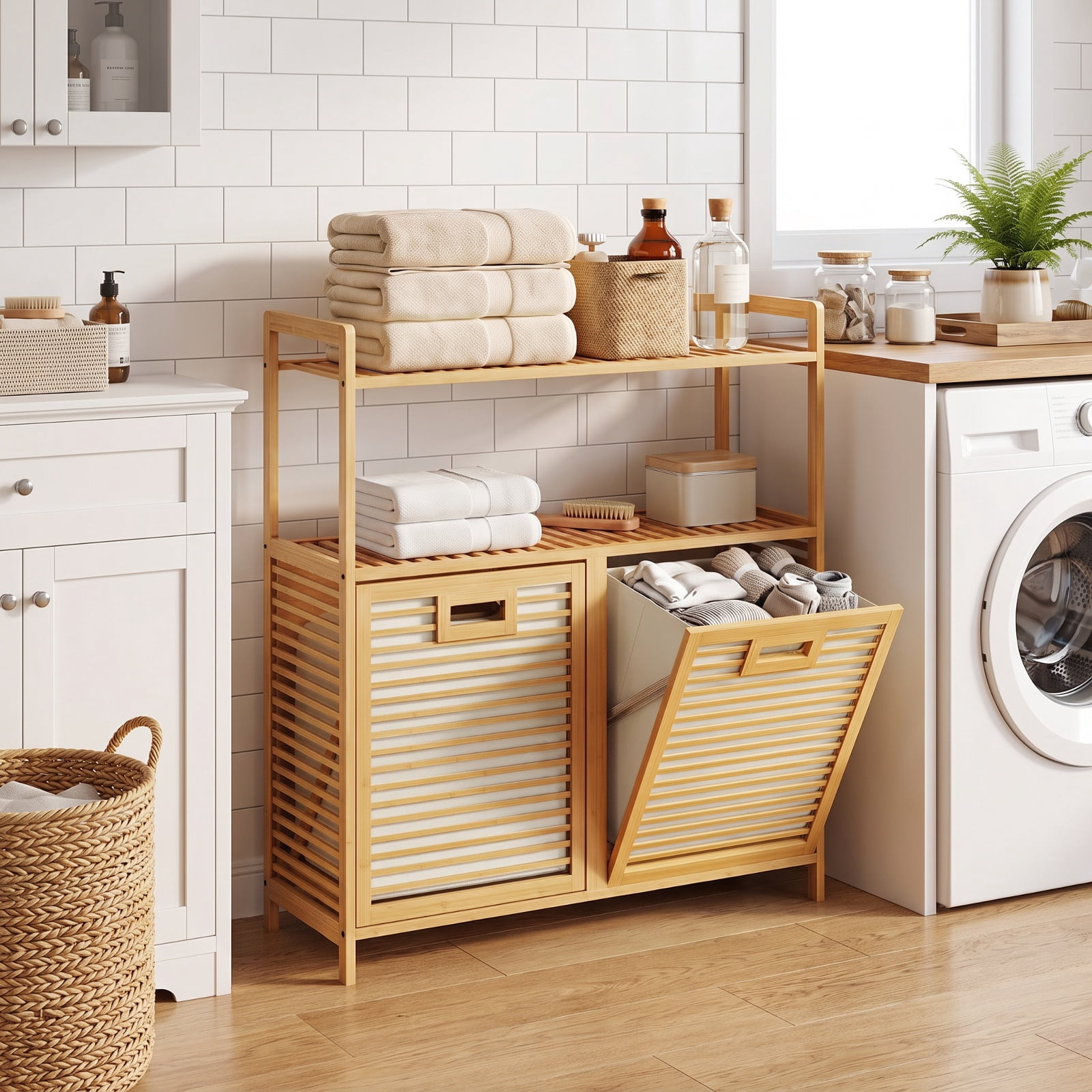Vebreda Laundry Hamper with 2 Removable 7-Gallon Baskets, Double Tilt-Out Laundry Hamper Cabinet with 2 Open Shelves, Natural Bamboo