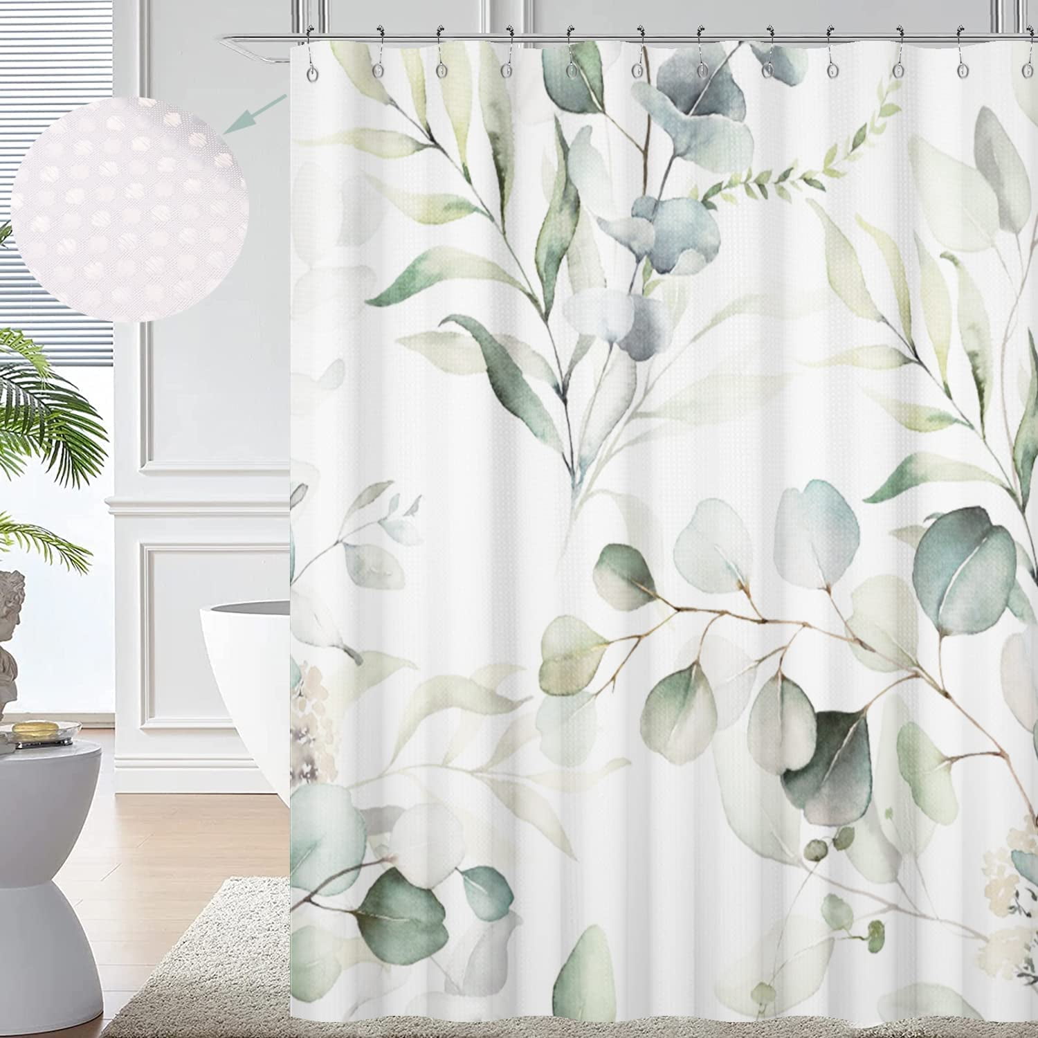 CIREC Eucalyptus Leaf Waffle Shower Curtains, Weighted Bottom Sage