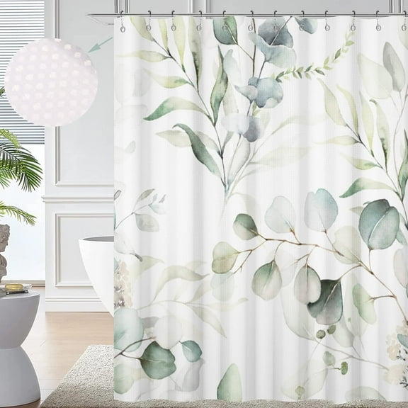Eucalyptus Leaf Waffle Shower Curtains, Weighted Bottom Sage Green Spring Watercolor Botanical Plants Textured Fabric Bathroom Curtain Bathtub Home Decor Waterproof Washable with Metal Hooks
