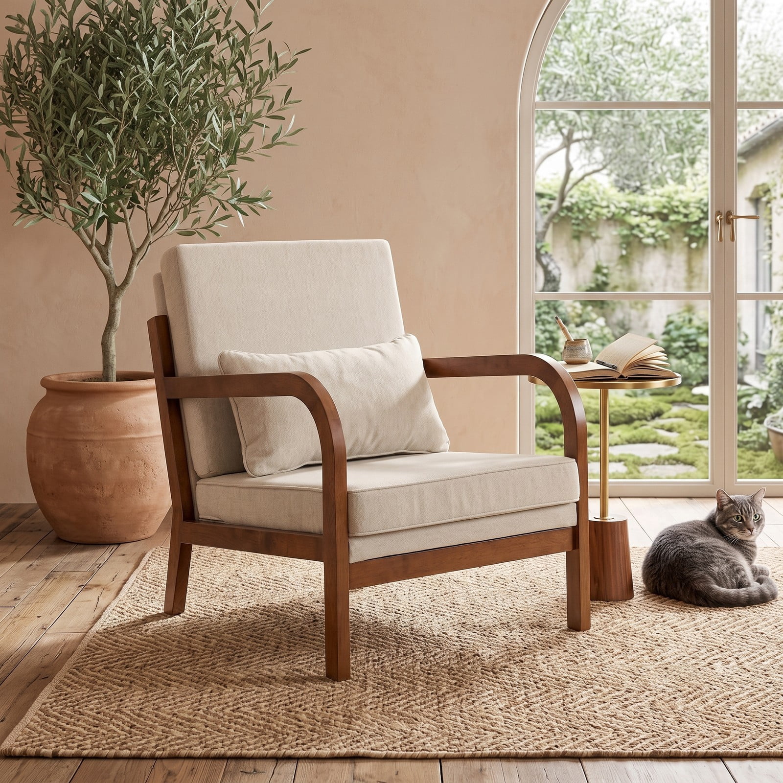 Furnibear Modern Accent Chair, Faux Leather Linen Fabric Upholstered Armchair with Removable Lumbar Pillow, Rubber Wood Frame Single Sofa Chair for Living Room, White