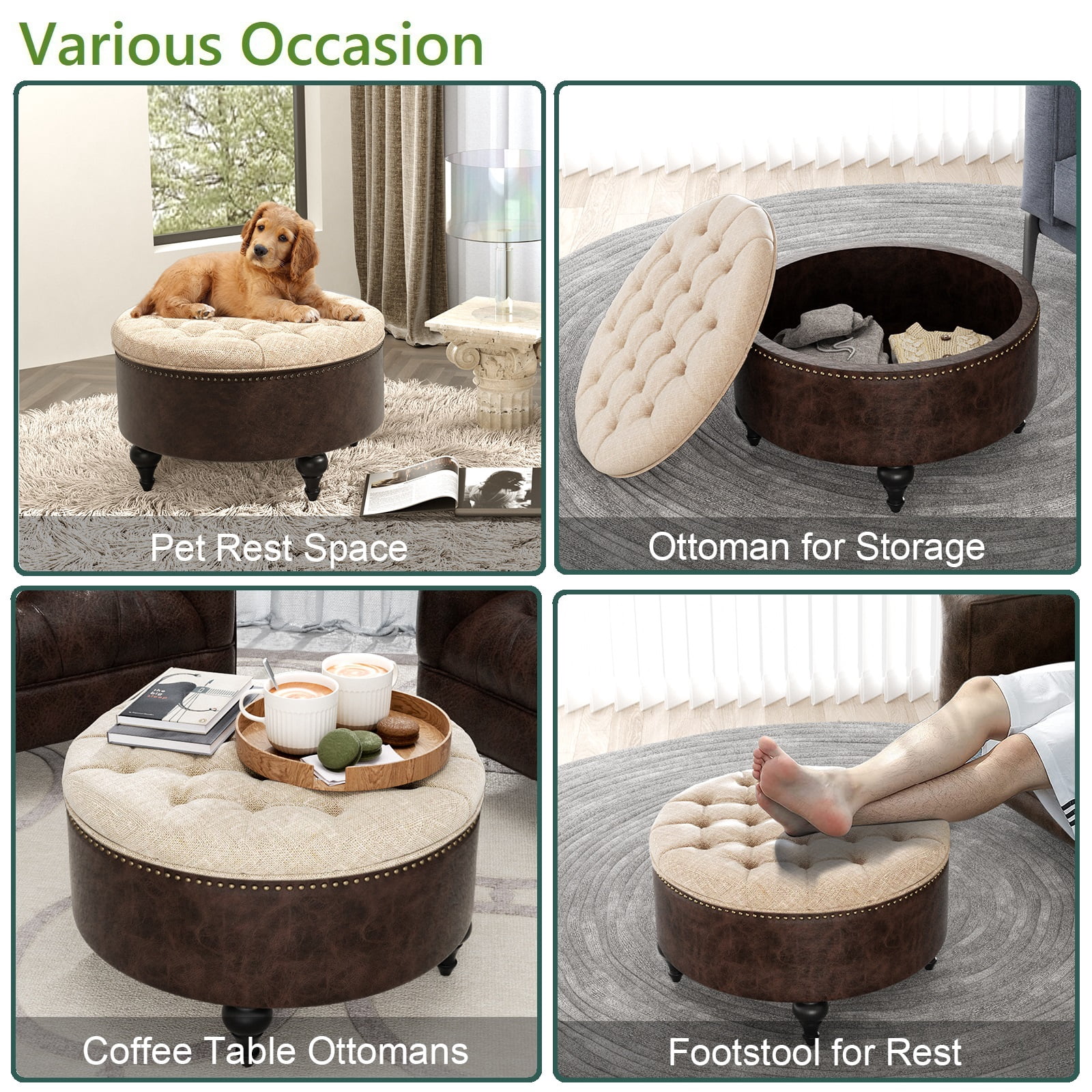 Nathaniel Home Upholstered 30" Round Storage Button Tufted Ottoman, with Removable Lid, Modern Footrest Stool Bench, Light Brown/Dark Brown