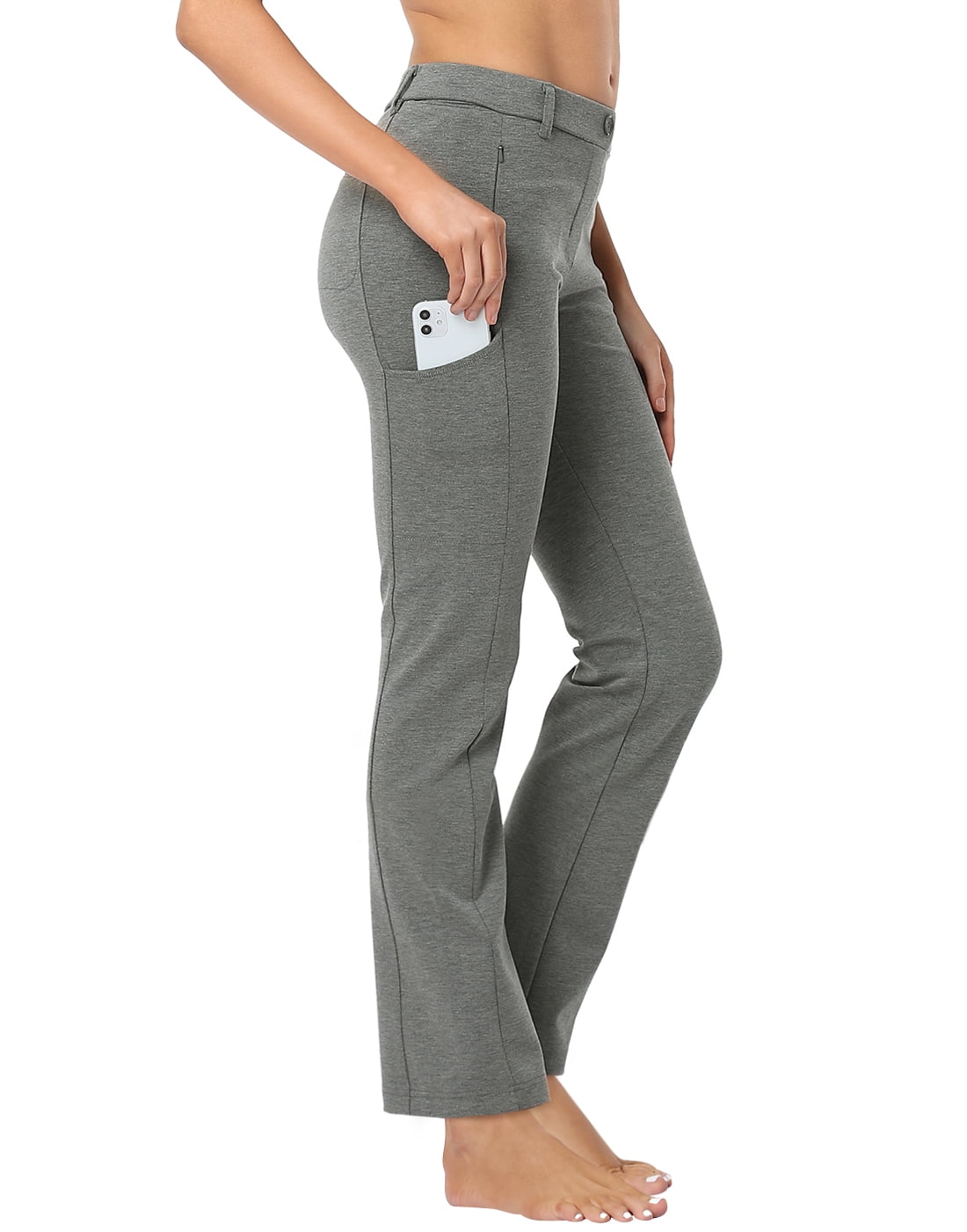 HDE Yoga Dress Pants for Women Straight Leg Pull On Pants with 8 Pockets Heathered Charcoal - L Long