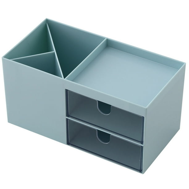 Organizador de escritorio con 2 cajones transparentes y 3 compartimentos | Organizador de maquillaje y artículos de oficina de plástico ABS blanco y azul | Almacenamiento de cosméticos para e
