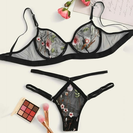 

MRULIC intimates for women Lingerie Flower Sleepwear Thong GString Fashion Bra Lace Underwear Black + M