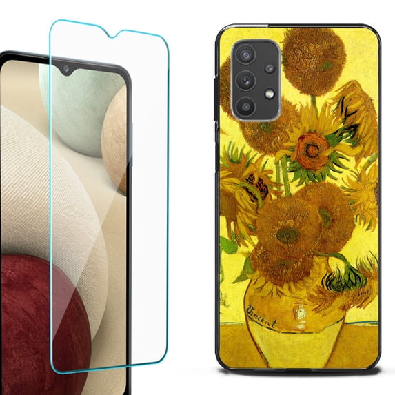 Slim-Fit Flexible TPU Gel Phone Case (black) for Samsung Galaxy A32 5G, with Tempered Glass Screen Protector, by OneToughShield ® - Sunflower