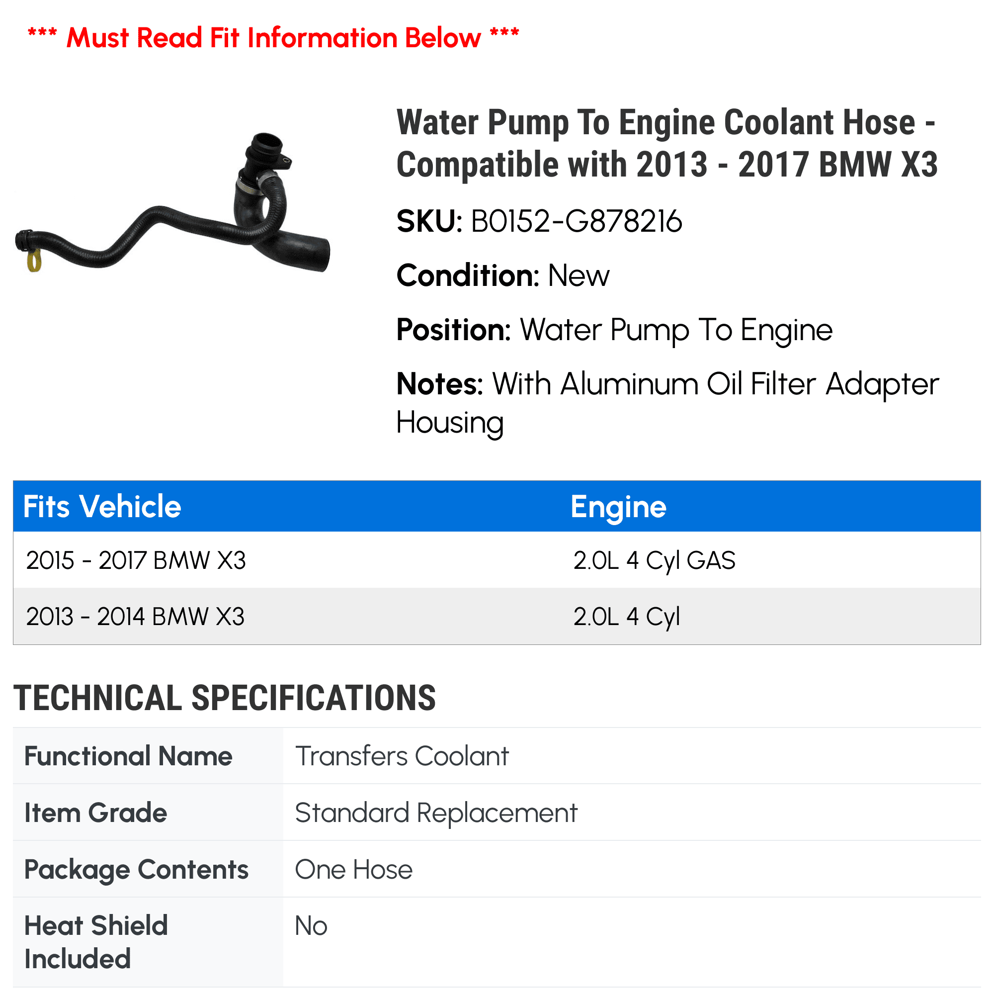 Water Pump To Engine Coolant Hose - Compatible with 2013 - 2017 BMW X3 2014 2015 2016