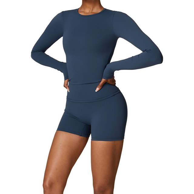 Nituyy Ensemble de Yoga Deux Pièces pour Femmes Manches Longues Col Rond Hauts et Shorts Tenue Active