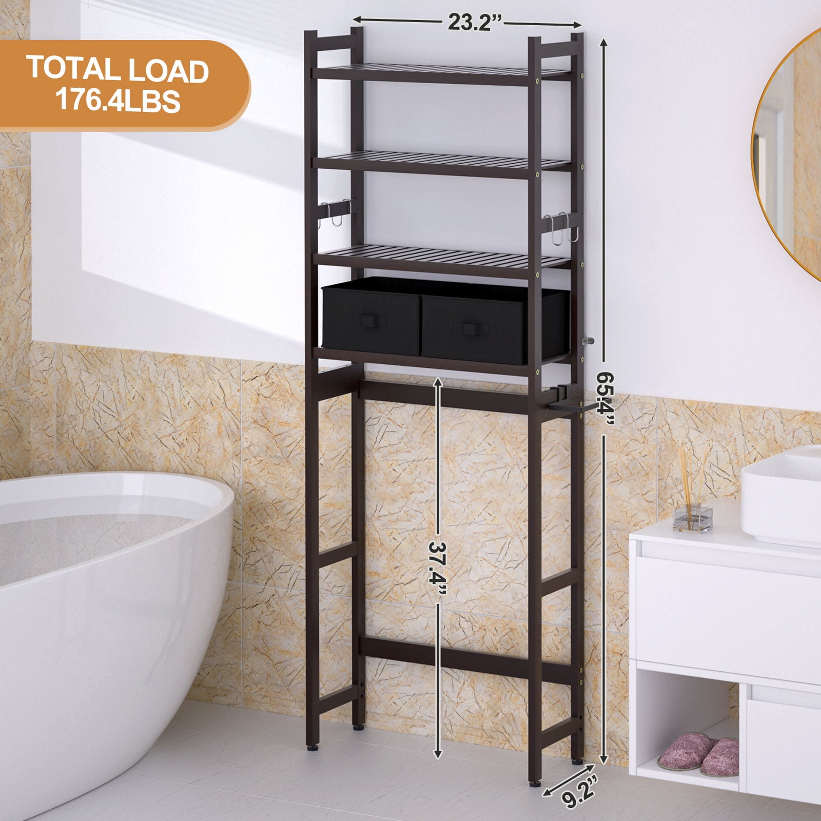 Enogets Over the Toilet Storage, Bamboo Bathroom Shelf Organizer with 2 Baskets & 4 Hooks, 4-Tier Space Saver