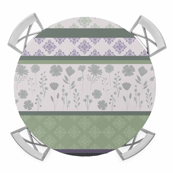 Elastic Fitted Round Tablecloth, Green Stripes Abstract Waterproof Stretch Table Cover for 45"-54" Tables, Geometric Spring Flowers Rustic Washable Outdoor Tablecloths for Patio, Picnic, Camping