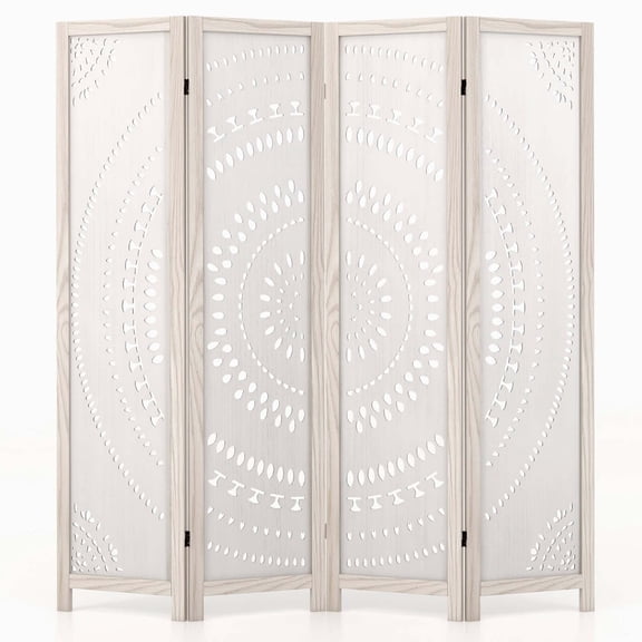 Costway 66" Boho 4-Panel Room Divider with Carved Pattern & Solid Wood Frame 360° Hinges