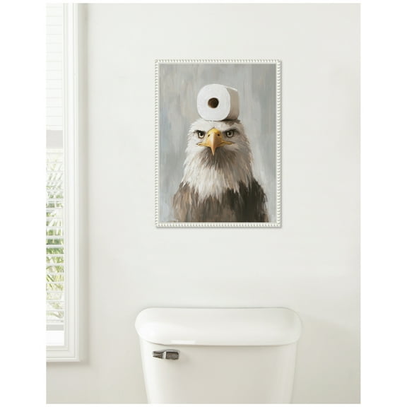 Kate and Laurel Toilet Paper Roll on Bald Eagles Head Bathroom Art Framed Canvas Wall Art by The Creative Bunch Studio 18 x 24 Sylvie Beaded White, Whimsical, Humor, Animals, Bathroom Art for Wall