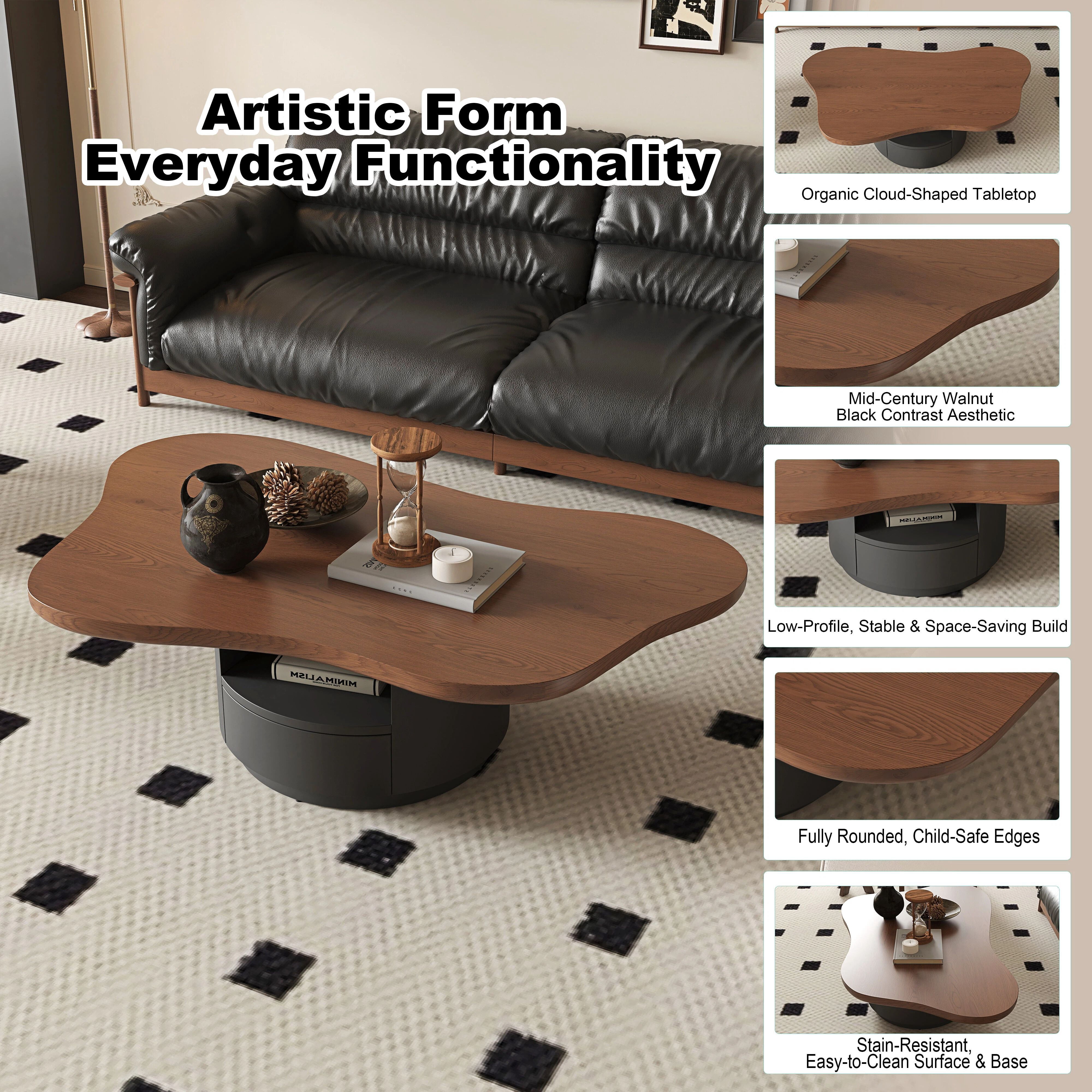 Euroco 47.24" Cloud Coffee Table with 2 Drawers, Mid-Century Modern Irregular Center Table with Storage Base for Living Room,Walnut
