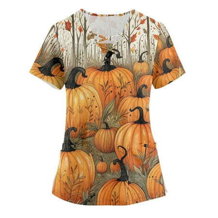 

PURJKPU Scrub Tops Women Print Halloween Pumpkin Pattern Nurse Tops Daily Short Sleeve Uniform Stretch Criss Cross V Neck T-Shirts with Pockets Ginger 2XL