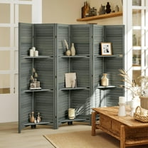 GVN Room Separation Divider,6 Panel 67" Tall Wood Privacy Screen Room Divider with 3 Shelves and Folding Storage for Bedroom, Gray