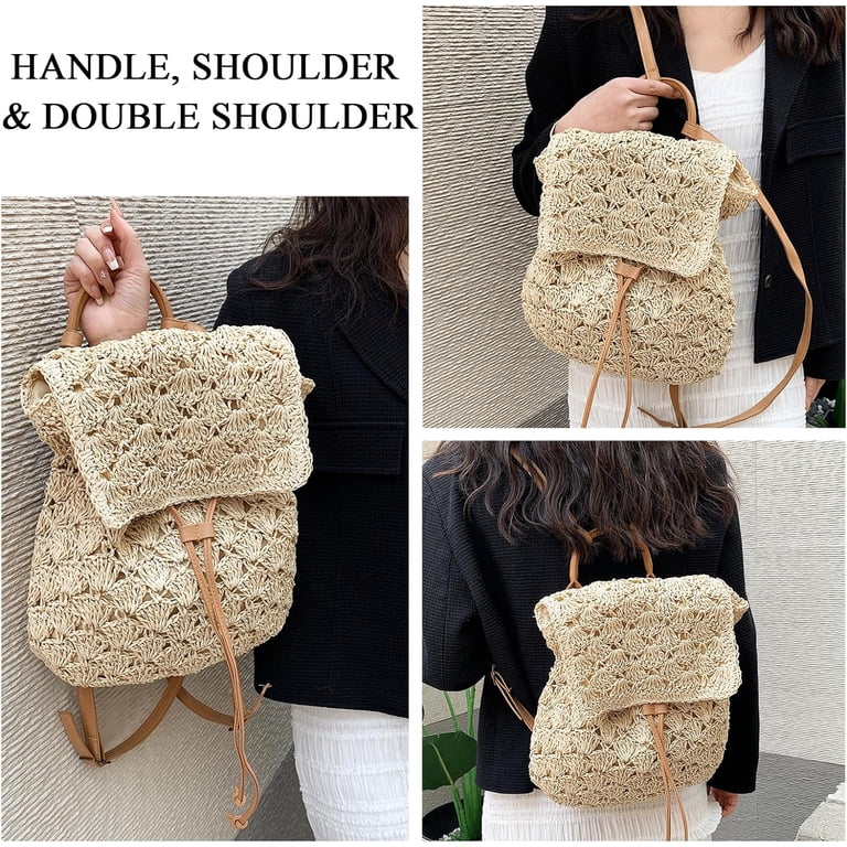 Summer Handmade Woven Crochet Straw Backpack Flap Drawstring  display picture 1