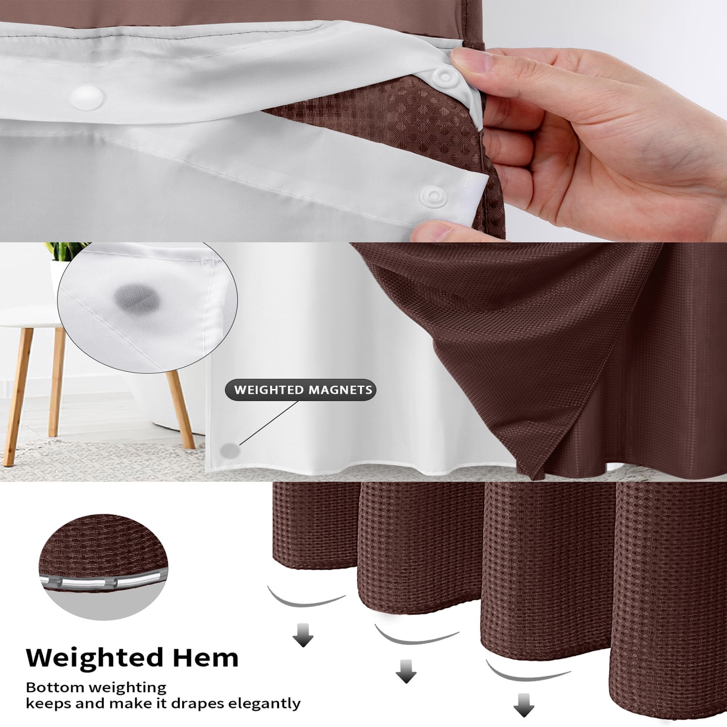DawnJoanHD Waffle Weave No Hook Shower Curtain with Snap-in Liner, Brown Polyester Fabric with See-Through Top Window, 72" x 75"