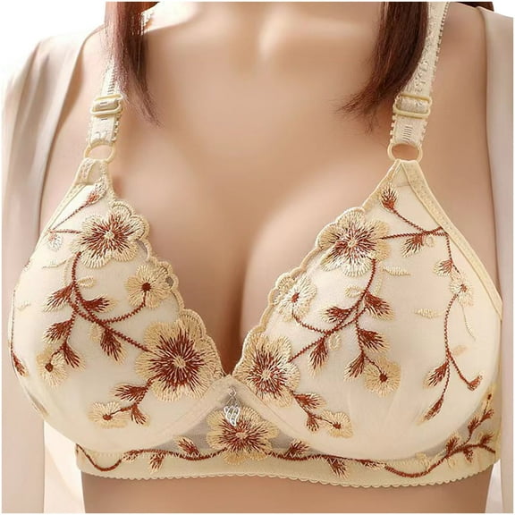 QLEICOM Everyday Bras for Women, Women's Comfort Lift Wirefree Bra Sexy Bra Without Steel Rings Sexy Vest Large Lingerie Bras Embroidered Everyday Brass No Underwire Beige Cup 36/80AB