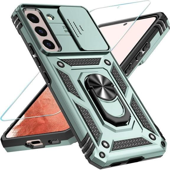 for Samsung Galaxy S22 5G Case with HD Screen Protector & Slide Camera Cover & Rotated Ring Kickstand, [Military-Grade] [2 in 1] Phone Case for (Galaxy S22 6.1'',Green)