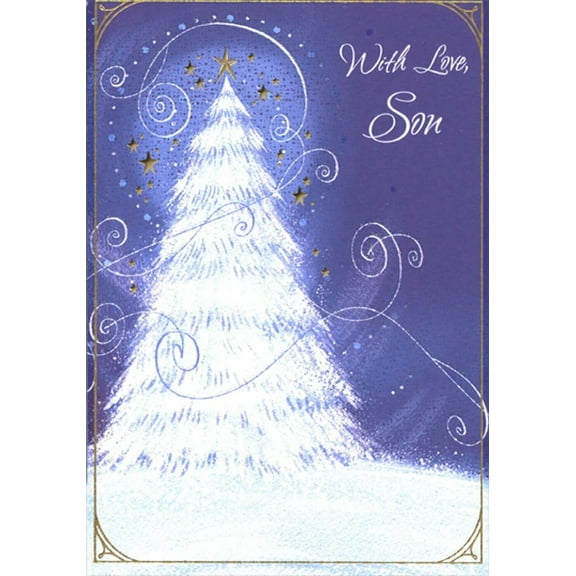 Designer Greetings Snow Covered Evergreen, White Swirls, Gold Stars on Dark Blue Religious Christmas Card for Son