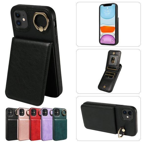 Fun-Casery for iPhone 11 Case Wallet with Credit Card Holder, 360° Rotation Ring PU Leather Magnetic Clasp Kickstand Heavy Duty Shockproof Cover for iPhone 11,Black